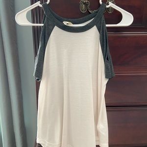 women off the shoulder grey and white t shirt